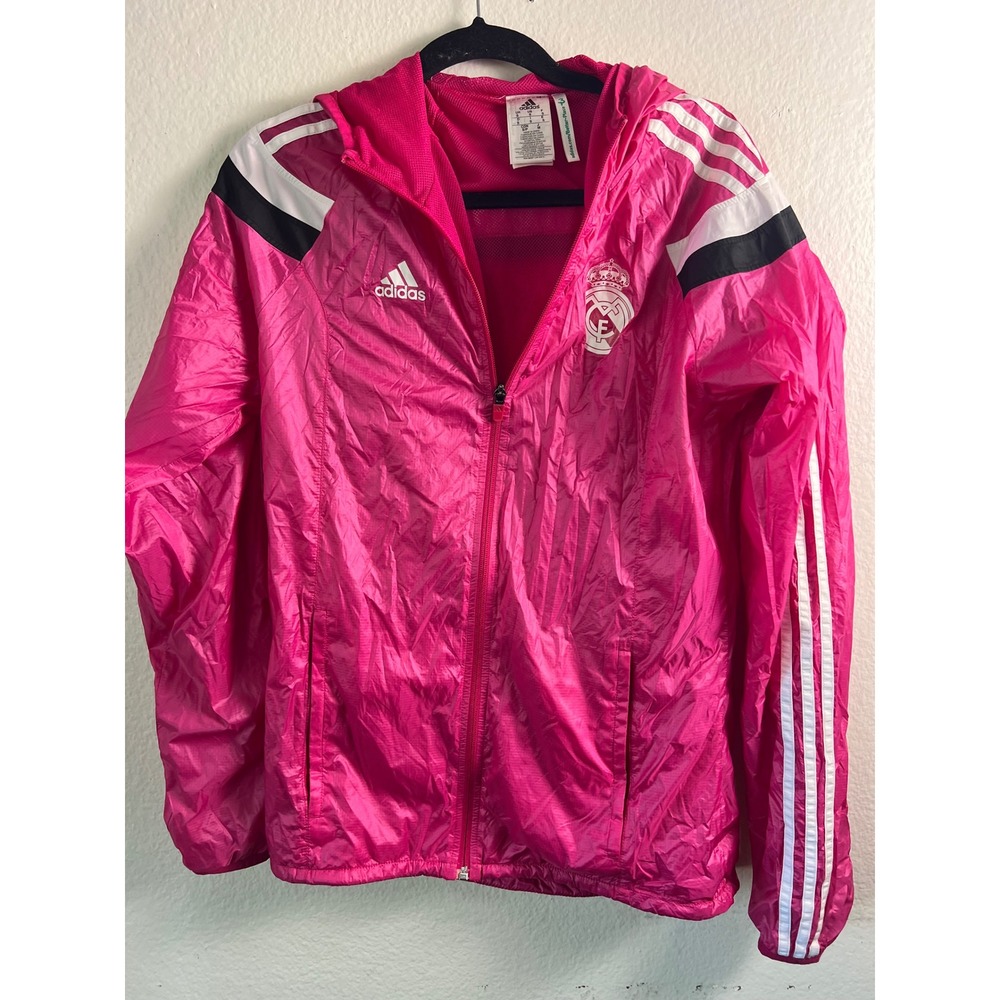 Adidas Real Madrid Pink Windbreaker Jacket Women's Small Y2K 3-Stripes Hooded S